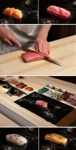 A person prepares food on a cutting board with various ingredients and a knife in a focused kitchen scene