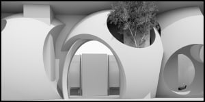 A modern building with a circular window, two benches, and a concrete structure, set against a neutral background