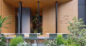 Cozy indoor dining area with two green chairs near a table, surrounded by potted plants and a warm atmosphere