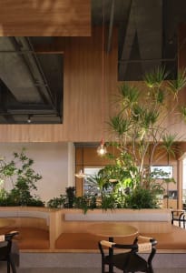 A room with a large wooden wall featuring several potted plants, creating a lush atmosphere, and a dining table on the right side
