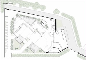 Modern office space with multiple floors, open and enclosed areas, and clean lines, featuring a dining area, lounge, and office spaces