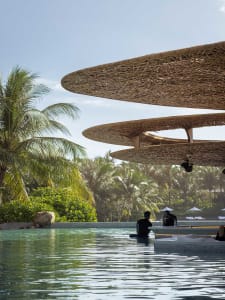 A large outdoor pool surrounded by palm trees and guests lounging in a relaxed atmosphere