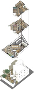 Architectural drawing of a modern building with multiple levels, dining areas, living rooms, and kitchens, featuring linework, labels, and measurements
