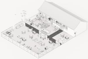 Modern dining space with multiple chairs and tables, benches, and a comfortable atmosphere