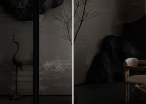 A black and white interior design featuring a rock wall in a minimalist living area with a focus on simplicity
