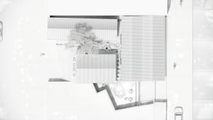 A calm and inviting public space with a modern building featuring a large window, a tree in front, and scattered chairs