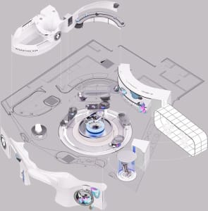 A rendered interior design concept featuring various rooms and spaces with a mix of modern and futuristic styles, predominantly white walls, and a sleek atmosphere