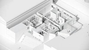 A modern interior space with multiple levels, featuring open areas, enclosed rooms, chairs, dining tables, and potted plants, giving off a clean and inviting atmosphere