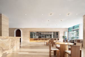 Modern restaurant interior with wooden floors and walls, featuring dining tables, chairs, and potted plants