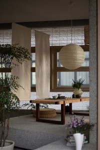 Cozy dining space with a wooden table, chairs, and decorative elements including vases and potted plants