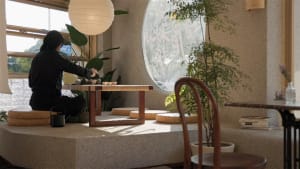 A cozy dining area with a table and chairs, surrounded by potted plants and cups, in a warm and inviting atmosphere