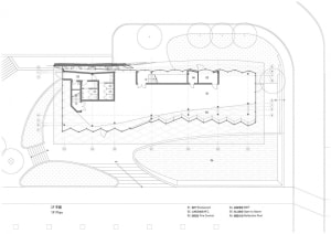 Detailed black and white floor plan of a modern home with various rooms, furniture, and measurements