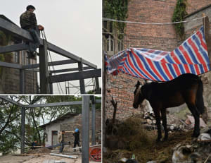 Construction site with a brick building, men working, a horse, and a person holding a metal beam