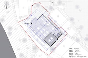 Architectural drawing of a modern open floor plan with dining and kitchen areas, multiple chairs, and linework and labels indicating room divisions and measurements