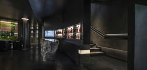 A sophisticated bar with a black and white theme, featuring stone and concrete elements, and bottles on shelves