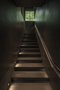 A well-maintained staircase with wooden steps and a metal railing, located next to a window with natural light