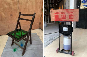 A casual cafe setting with a wooden chair and a coffee sign on a table, creating a welcoming atmosphere