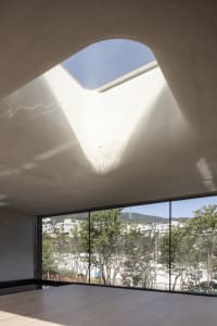 A modern living space with a skylight, trees outside, and a couch near the window