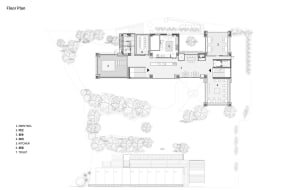 2D floor plan of a modern house with multiple levels, clean lines, and minimalistic design elements