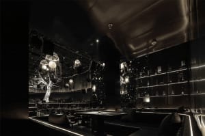 Cozy restaurant interior with wooden accents, tables, chairs, and bottles, set in a warm and inviting atmosphere