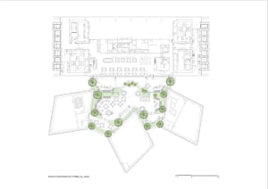 A modern interior space with multiple seating areas, chairs, and ample room for socializing