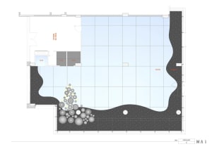 A modern open space with various rooms and spaces, featuring spherical objects and a focus on functionality and aesthetics