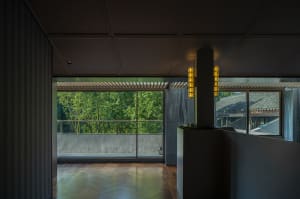 Open modern living area with white walls, wood flooring, and natural light from a large window overlooking trees, featuring potted plants and decorative vases