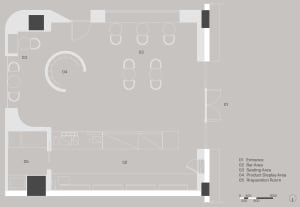 2D floor plan of a modern restaurant with various seating arrangements, chairs, and a dining table
