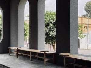 A calm and inviting lobby with benches arranged for socializing, featuring a neutral color palette and ample space for visitors to relax