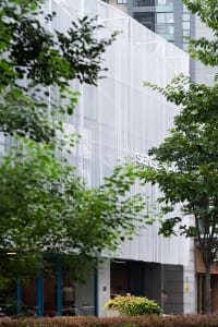 Modern building with a white facade featuring a glass wall, surrounded by trees in a clean and simple urban environment