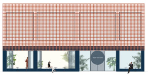 A coffee shop exterior with a brick facade, large window, and inviting atmosphere, featuring two people enjoying the space