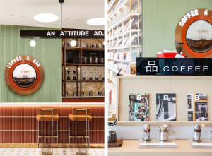 A coffee shop interior with comfortable seating areas, chairs, stools, and dining tables, featuring a clock on the wall and scattered cups indicating customer activity
