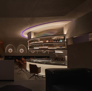 Cozy bar area with a curved wall featuring a collection of liquor bottles, surrounded by comfortable seating and dim lighting