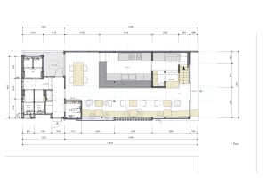 Architectural drawing of a modern house with large windows, open spaces, and various rooms with dimensions and labels