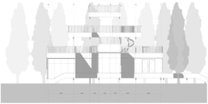 Architectural rendering of a two-story house with a large deck and staircase, featuring a mix of modern and traditional elements