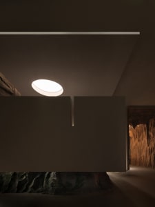 Modern living space with a large rock wall, two doors, and a window, featuring a stylish interior design