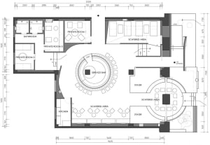 Modern hotel lobby with dining area, bar, stage, and private rooms, featuring clean lines, neutral tones, and natural daylight