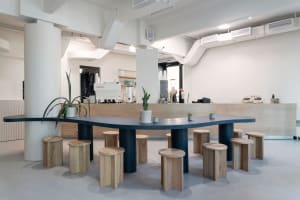 Warm and inviting open kitchen area with a large dining table, potted plants, and a coffee maker, surrounded by comfortable seating and natural light