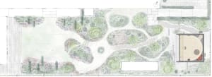 a serene park with a pond surrounded by trees, a bridge, and well-maintained landscaping