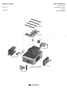 2D floor plan of a modern office building with various rooms and dimensions, featuring a large open area, smaller rooms, a kitchen, and a bathroom