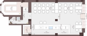 Detailed modern floor plan with dining area, kitchen, and other rooms, featuring measurements and labels