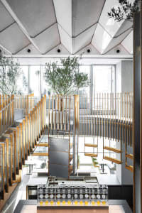 Open modern living area with a spiral staircase, chairs, potted plants, and ample seating options