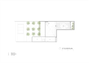 A modern three-story house with a white exterior, palm trees, and a patio on the ground floor, surrounded by potted plants and chairs for relaxation or social gatherings