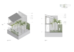 Floor plan with labeled rooms and measurements, and a rendered view of the modern building's exterior with clean lines and large windows