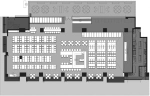 Empty restaurant floor plan with multiple dining tables and chairs, minimalistic and clean atmosphere