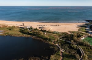Aerial view of a beach resort with a large body of water, sandy beaches, and chairs and umbrellas scattered throughout