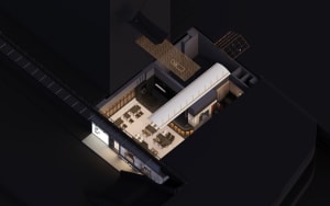 A modern living space with multiple rooms and spaces, featuring chairs and dining tables, in a black and white color scheme