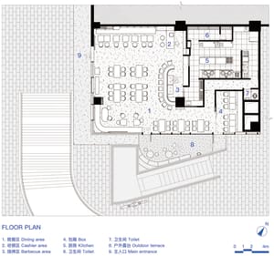 2D floor plan of a modern restaurant with multiple dining tables and chairs, well-lit with possible natural and artificial light sources