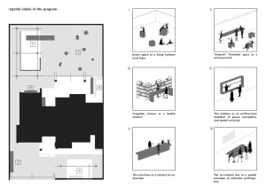 Black and white floor plan of an office building with various rooms, including a conference room, lounge area, and kitchen, with several people depicted