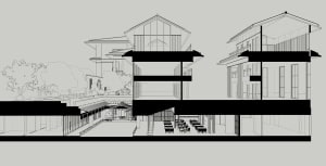 Architectural rendering of a modern building with multiple levels, featuring a dining area with chairs and tables, and other seating options throughout